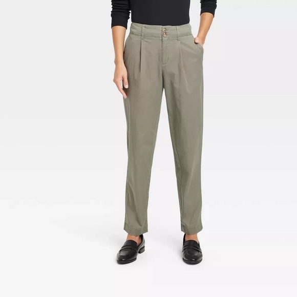 A • NEW DAY | Olive Green High Waist Pleat Front Tapered Trousers Khakis - Picture 1 of 16